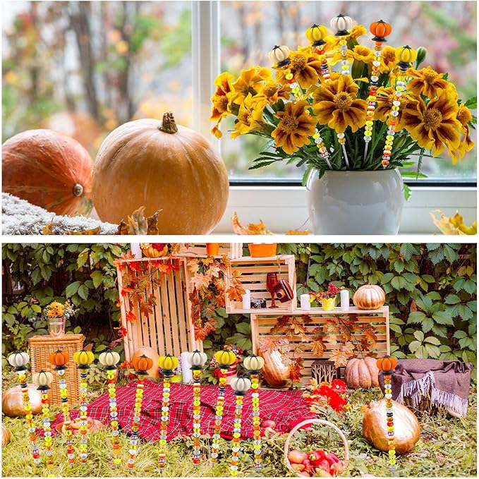 Tigeen 236 Pcs Garden Stake DIY Fairy Wand Plant Stake with 12 Colorful Crystal Stopper Top 12 Threaded Rod with 200 Large Hole Bead for Spring Summer Holiday Outdoor Decorations(Autumn Pumpkin)