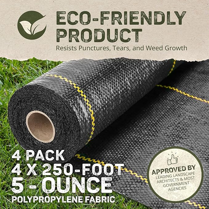 DeWitt 4-Pack Pro-5 Weed Barrier Fabric 5 oz, 4 x 250 Feet – Heavy-Duty Woven Landscape Ground Cover Mat for Raised Garden Bed, Greenhouse Gardening, Outdoor Landscaping, and Commercial