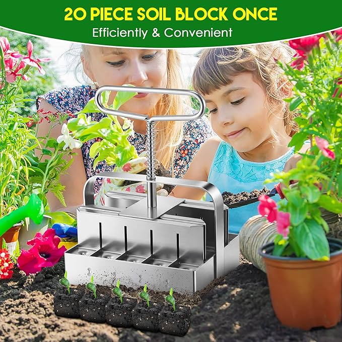 Dreyoo 1 Pack Upgrade Soil Block Maker Hand Held, Manual Blocking Tool for Seed Starting with Dispenser, Garden Potting Soil for Indoor Outdoor Plants, No Transplant Shock (20 Cell,1 Inch)
