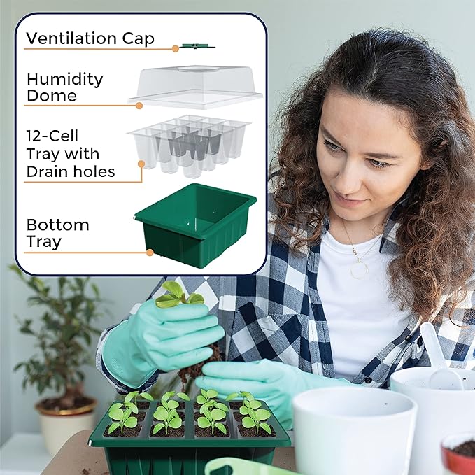 Seed Starter Tray, 10 Pack 12 Cell Seed Starter Kit with Humidity Dome, Reusable Plant Trays for Seedlings, Germination Kit with Humidity Strip for Plant Growing, Starter Pots for Planting