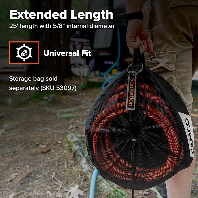 Camco Rhino 25-Ft Clean-Out Camper/RV Black Water Hose - Features a Heavy-Duty PVC Design & Bright Orange Color - Clean-Out Camper Black Water, Grey Water or Tote Tanks - 5/8” Inside Diameter (22990)