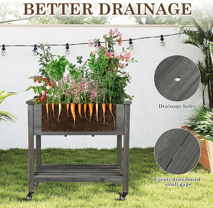 Raised Garden Bed with Lockable Wheels, 32x16x32 inch Elevated Wood Planter with Storage Shelf Protective Liner for Vegetable Flower Herb Outdoor Balcony Patio Backyard, Grey