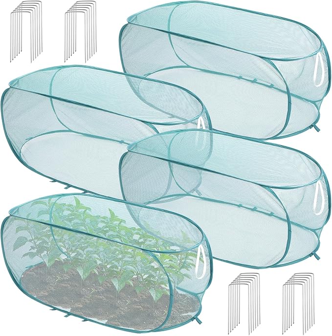 4 Pcs Pop Up Garden Plant Covers, 39" x 18" x 16" Mesh Plant Protector Net with 32 Ground Stakes Foldable Vegetable Fruit Flower Garden Bed Cover Guard from Birds Animals