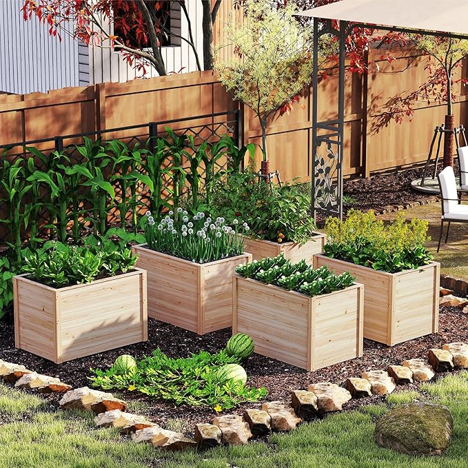 Giantex Set of 2 Wood Raised Garden Bed, 40"x25"x26" Elevated Planter Box w/Open-Ended Base for Deep-Rooted Plant Vegetable Fruit Flower, Outdoor Solid Wood Planter for Patio Backyard (40"x25"x26")