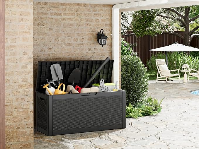 60 Gallon Outdoor Storage Box, Resin Deck Boxes Outdoor Waterproof For Patio Furniture, Garden Tools, Pool Supplies, Lockable And UV Resistant (Rattan Black)