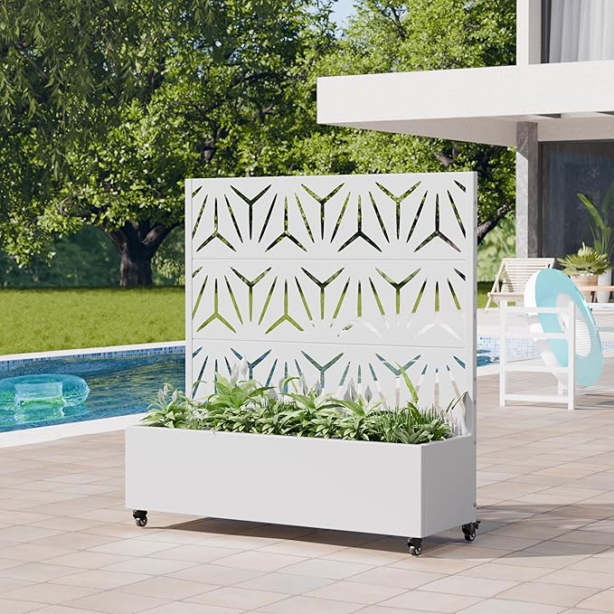 Casaphoria Metal Raised Garden Bed with Trellis and Wheels, 47"x47"x16" Planter Box for Climbing Plants, Vegetables & Vines, Features Drainage Holes and Privacy Screen, White-Star