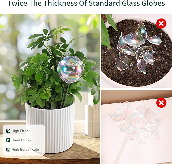 Soilagua Large Extra-Thick Clear Glass Plant Watering Globes, Rainbow Gradient Self Watering Devices for Indoor & Outdoor Plants, Automatic Waterer Spikes, Perfect for Daily or Vacation Use, 4-Pack