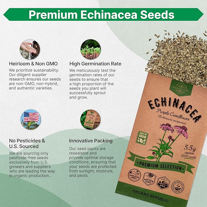 Organo Republic Echinacea Seeds Pack 5.5 G - Over 1000 Non-GMO Heirloom Echinacea Seeds for Planting Herbs in Individual Seed Packet, Herbs Seeds for Planting Home Garden Indoor & Outdoor Gardening
