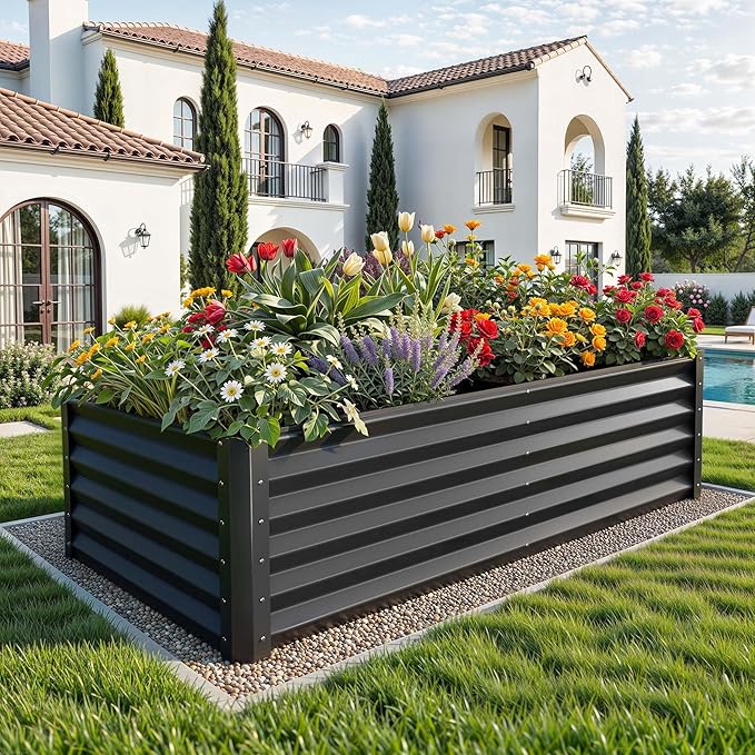YITAHOME 6x3x3ft Large Raised Garden Bed Kit, Galvanized Metal Planter Box with Gloves, Support Rod, Outdoor Above Ground Planters for Plants Vegetables Flowers, Black
