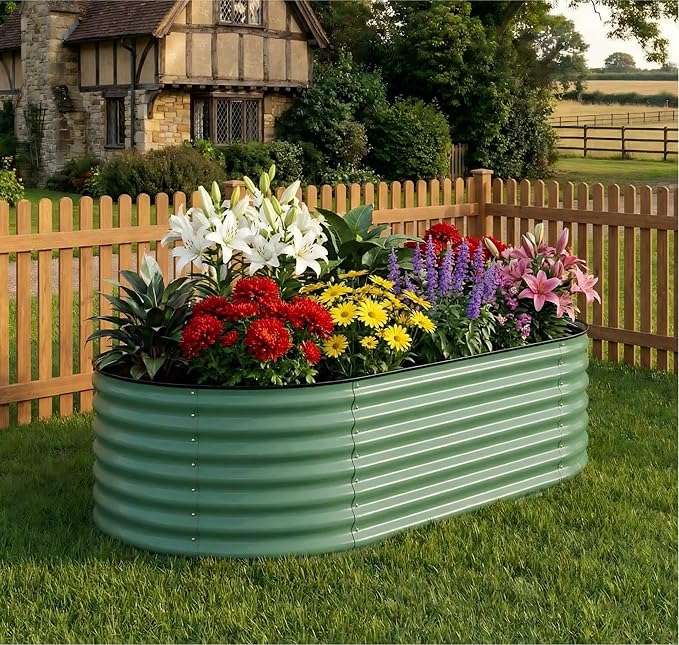 Garvee 8x4x2ft Galvanized Raised Garden Bed, Oval Metal Planter Box with Anti-Cut Safety Edges, 479 Gallons Rust-Resistant Deep Root Planter for Outdoor Vegetables, Flowers, Herbs, Green