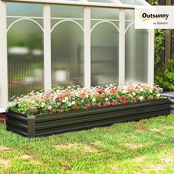Outsunny 8 x 2 x 1ft Galvanized Raised Garden Bed Kit, Outdoor Metal Elevated Planter Box with Safety Edging, Large Raised Bed for Growing Flowers, Herbs and Vegetables, Dark Gray