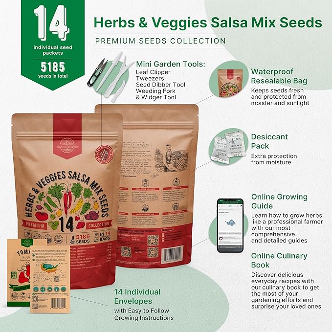 Organo Republic 14 Herb, Tomato & Chili Pepper Gardening Seeds Salsa Variety Pack for Outdoors & Indoor Garden 5180+ Non-GMO Heirloom Seeds Cilantro, Basil, Oregano, Parsley, Onion, Pepper Tomato Seed