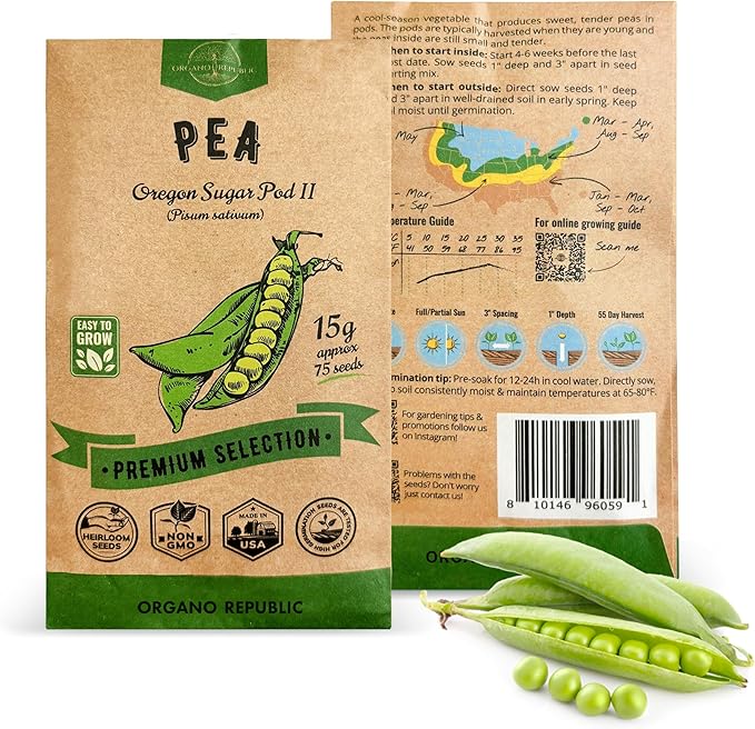 Organo Republic Pea Oregon Sugar Pod II Seeds Pack 15G - Over 75 Non-GMO Heirloom Pea Seeds for Planting Vegetables in Individual Seed Packet, Vegetable Seeds for Planting Home Garden Indoor & Outdoor