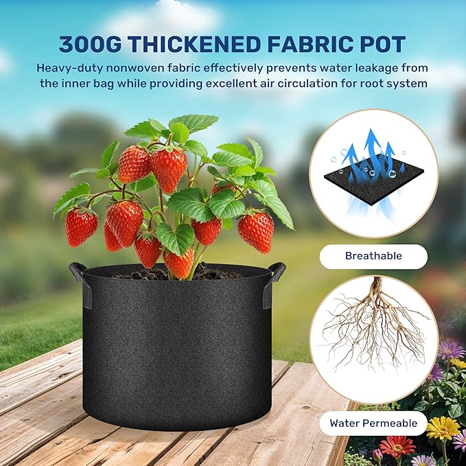 HealSmart 7 Gallon 6 Pack Nonwoven Grow Bags, Aeration Fabric Pots with Handles, Heavy Duty Garden Grow Pots for Tomato Vegetables Flowers, 6 Plant Labels, Black