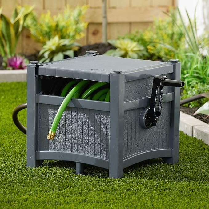 Suncast Garden Hose Hideaway Storage Reel Box, Cyberspace Grey – Resin Outdoor Container, Holds up to 100 Feet of 5/8 Inch Standard Vinyl Water Line – No Assembly Required