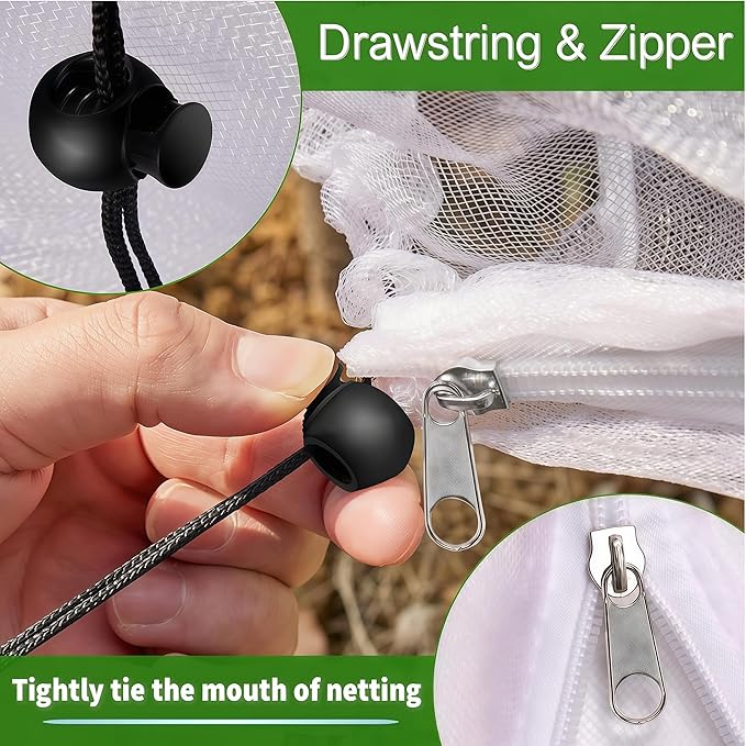 Drawstring & Zipper Fruit Tree Netting Cover (4 Pack 7.3×6Ft) - Reusable Bird Netting for Blueberry Bushes, Anti-Cicada/Deer/Squirrel Large Plant Protection Net