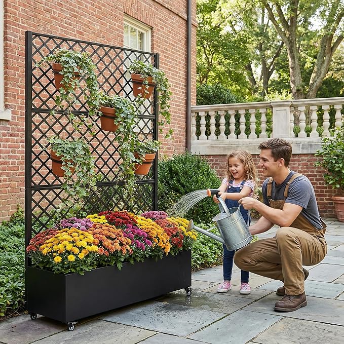 Casaphoria Metal Raised Garden Bed with Trellis and Wheels, 72"x47"x16" Arched Planter Box for Climbing Plants, Vegetables & Vines, Features Drainage Holes and Privacy Screen, Black-Rhombus