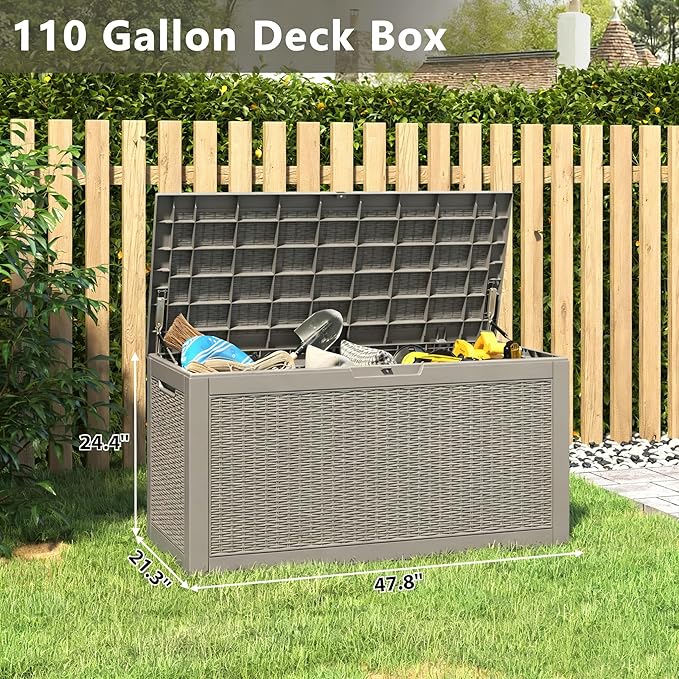 Oudoor Storage Deck Boxes Waterproof, Waterproof and UV Resistant Outdoor Storage Box Lockable Lid for Delivery Box, Indoor, Garden Tools, Pool Supplies, Patio (Grey, 110 Gallon)