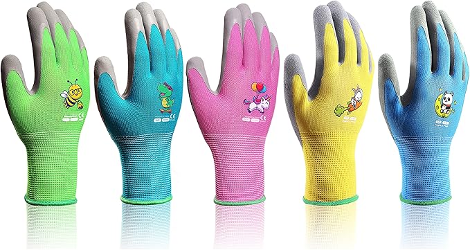 5 Pairs Kids Gardening Gloves Yard Work Gloves Children Soft Safety Rubber Coated Glove for Toddlers Youth Girls Boys Children (3-5yr S)