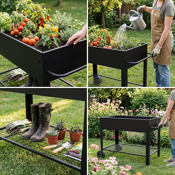 aboxoo 49" L*25" W*31" H Planter Raised Beds with Legs,Outdoor Metal Planter Box on Wheels,Elevated Garden Bed for Vegetables Flower Herb Patio