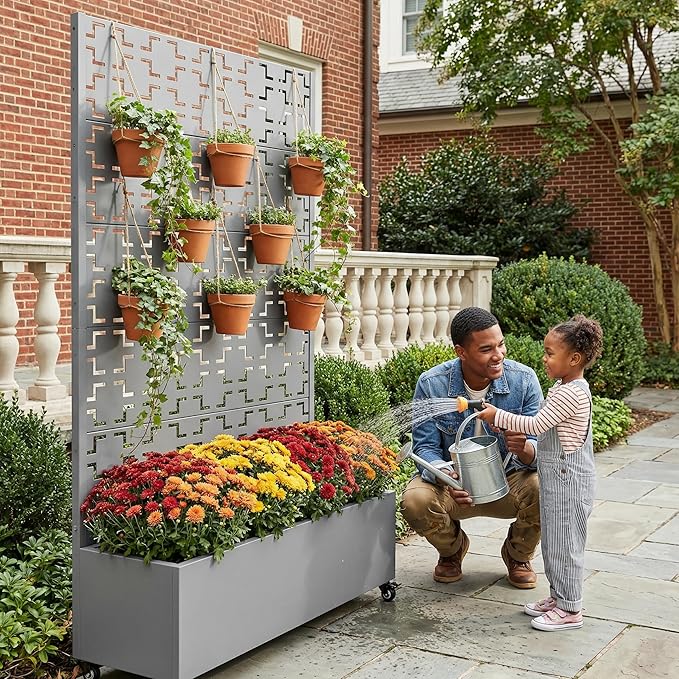 Casaphoria Metal Raised Garden Bed with Trellis and Wheels, 72"x47"x16" Arched Planter Box for Climbing Plants, Vegetables & Vines, Features Drainage Holes and Privacy Screen, Grey-Square