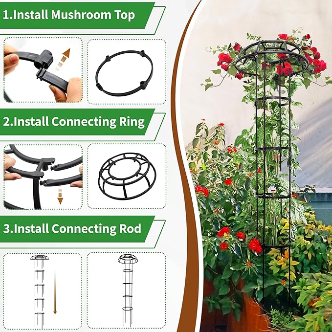 4-Ring Mushroom Top Trellis for Climbing Plants, 65 Inch Tall Adjustable Plant Support for Outdoor Indoor Garden, Sturdy Metal Core with Plastic Coating, Black