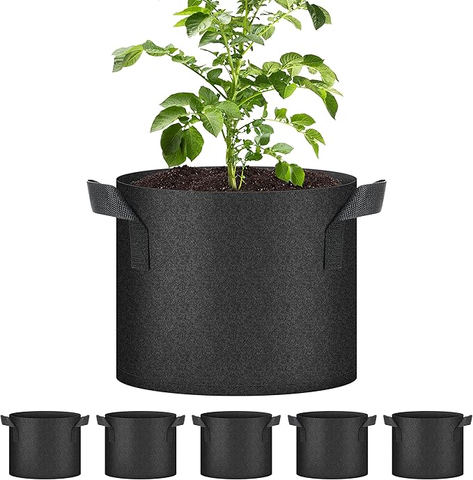 YSSOA 5 Pack 5 Gallon Grow Bags, Aeration Nonwoven Fabric Plant Pots with Handles, Heavy Duty Gardening Planter for Potato, Tomato, Vegetable and Fruits, Black