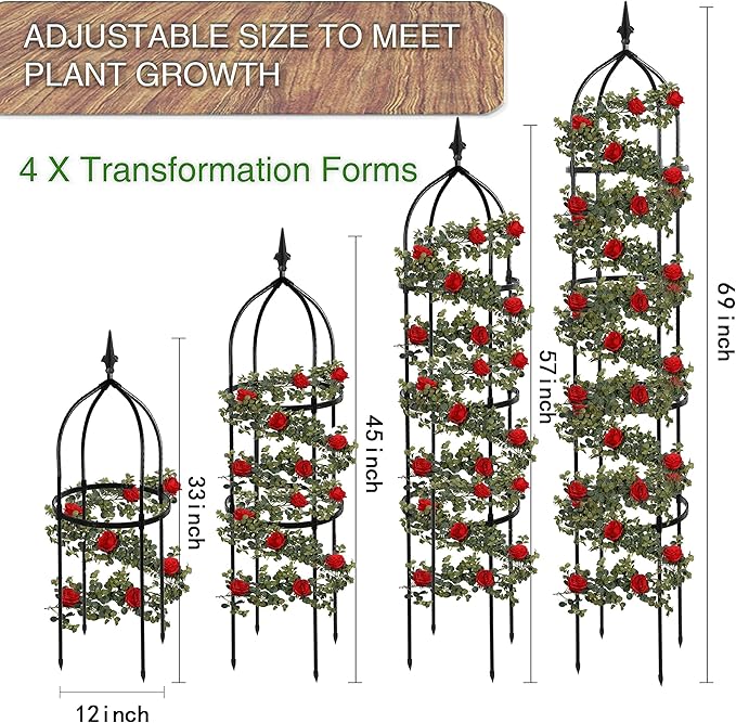 6.7FT Garden Obelisk Trellis for Climbing Plants Outdoor, Adjustable 5-Tier Metal Plant Support with 3 Decorative Tops, Black Rustproof Trellis for Roses, Tomatoes, Clematis & Vines