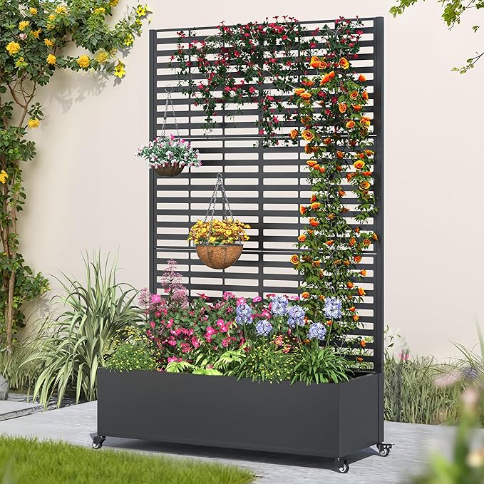 Metal Planter Box with Trellis, 73"x 47"x 16" Raised Garden Bed with Wheels and Drainage Holes, Planter with Trellis for Garden, Balcony and Patio, Black