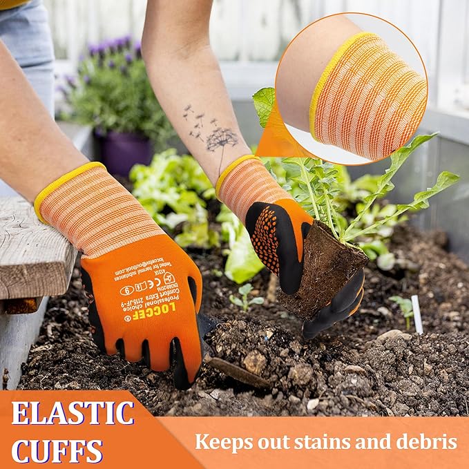 LOCCEF Work Gloves MicroFoam Nitrile Coated-6 Pairs,Endurance Seamless Knit Nylon,Dots on palm,Tacky Dot Grip Gloves,Orange
