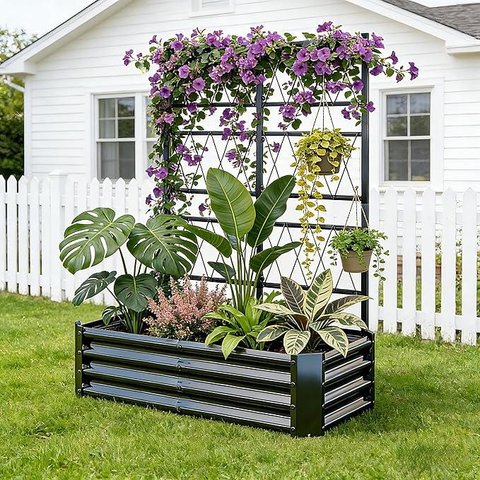 Galvanized Raised Garden Bed with Trellis for Climbing Plants Outdoor,Metal Vertical Garden Planter Box with Trellis,Heavy Duty Elevated Garden Bed for Vegetables Tomatoes Cucumbers Flowers Herb,Black