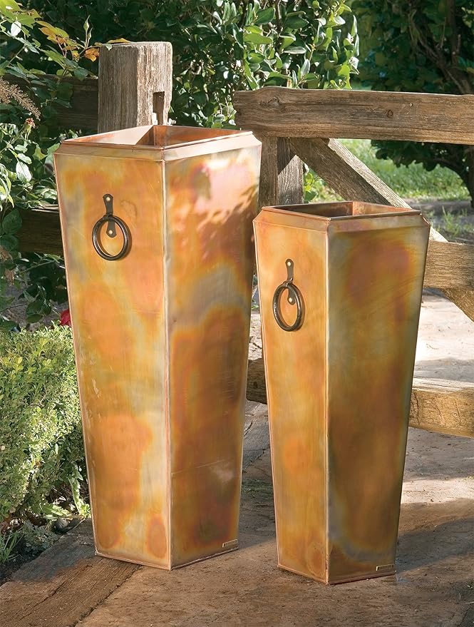 H Potter Tall Copper Planters Set of 2 – Rustic Copper Hammered Stainless Steel Indoor Outdoor Planter with Insert, Drainage, Drip Trays – Large Decorative Floor Planters for Entryway Porch Patio