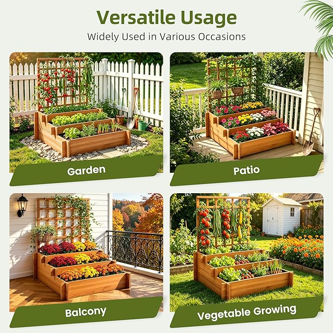 3-Tier Raised Garden Bed with Trellis, 43.3" H Fir Wood Planter Box with Non-Woven Liner, Vertical Climbing Plant Support for Patio Yard, Outdoor Grow Beds for Flowers Herbs Vegetables Fruits