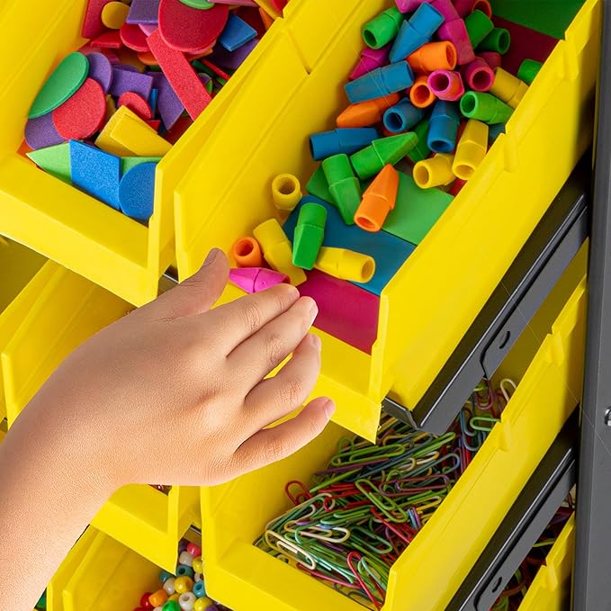 Small Parts Organizer with 24 Plastic Storage Bins - Powder-Coated Steel Rack with Removable Drawers for Garage Organization by Stalwart (Yellow)