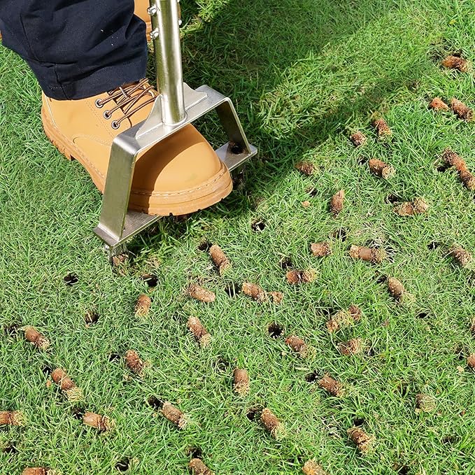 Manual Core Aerator Lawn Tool - Lawn Aerator Tool with 3 Hollow Tines, Semi-Assembled Grass Aerator Core Aeration Tool for Lawn, Yard Plug Aerator for Lawn Care Compacted Soil - Orange