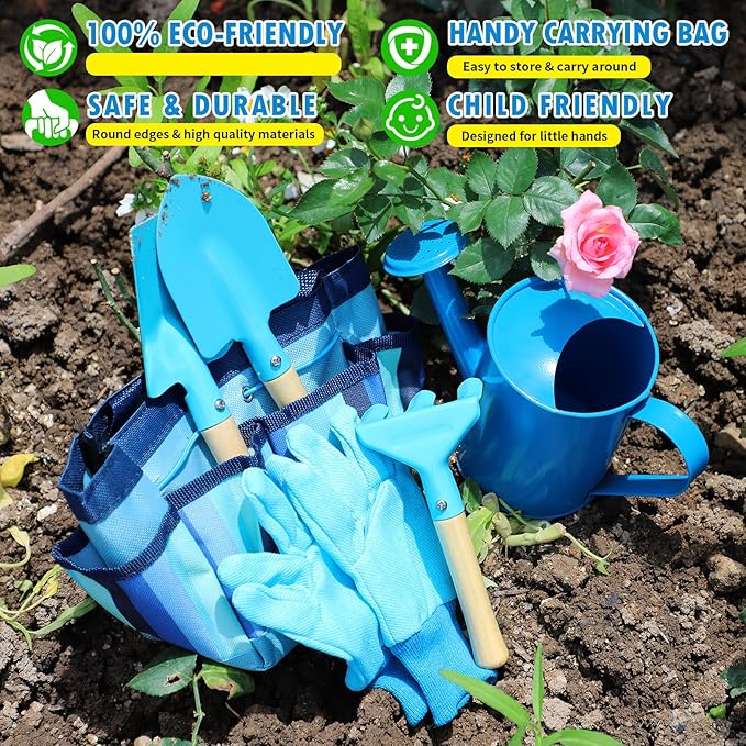 Kids Gardening Tools Set, Toddler Play Kit Child Outdoor Toy with Gloves, Watering Can, Metal Shovel, Rake, Spade & Storage Bag, Backyard Sand Digging Holiday Birthday Gift for Boy Girl 3 4 5 (Blue)