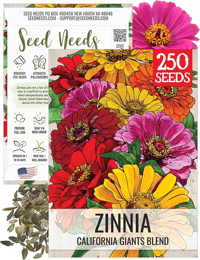 Seed Needs Zinnia Seeds for Planting California Giants Zinnias Blend - Heirloom & Open Pollinated Flowers to Grow an Outdoor Wildflower Butterfly Garden to Attract Pollinators (1 Pack)
