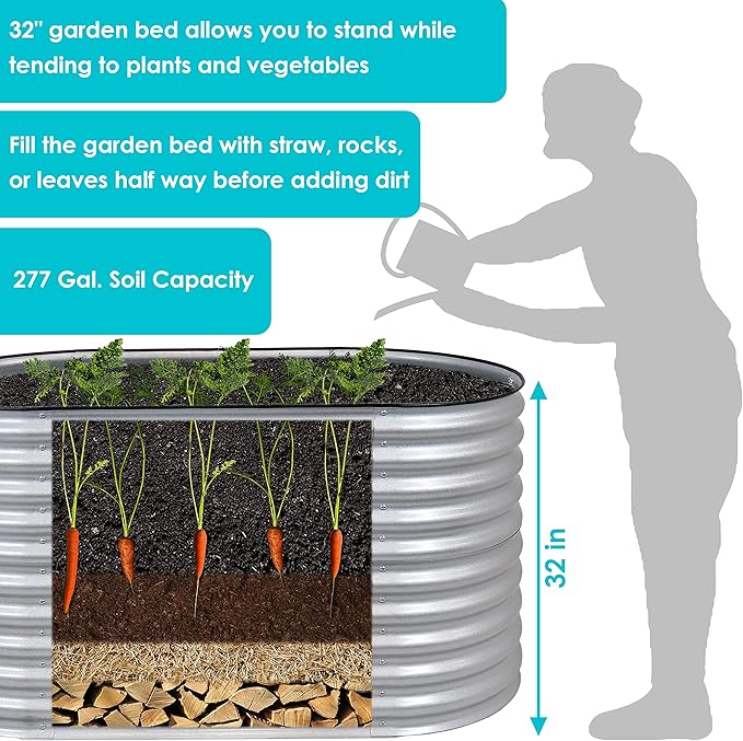 Sunnydaze 62.5-Inch Oval Raised Garden Bed Outdoor - Modular Raised Garden Bed with Rubber Edge Trim - Silver