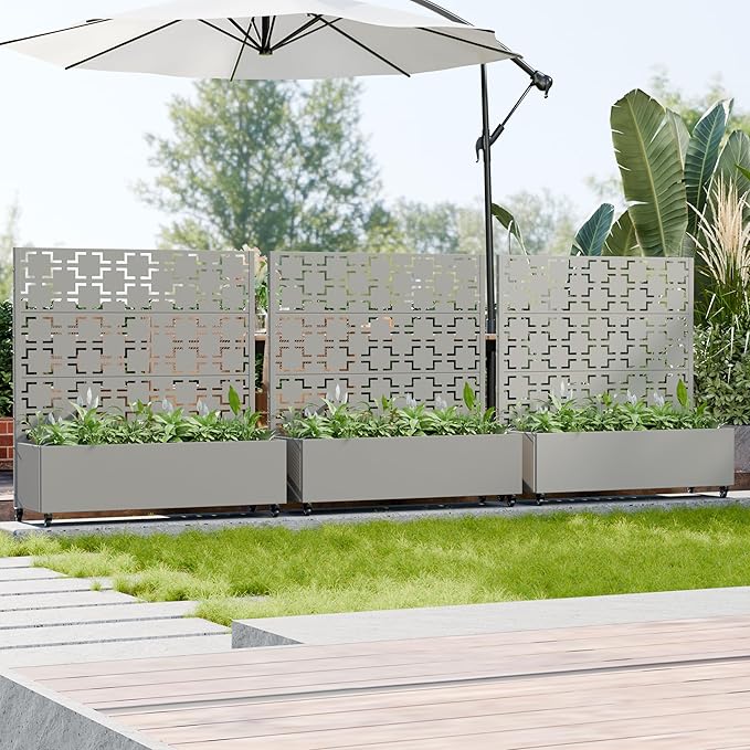 Casaphoria Metal Raised Garden Bed with Trellis and Wheels, 47"x47"x16" Planter Box for Climbing Plants, Vegetables & Vines, Features Drainage Holes and Privacy Screen, Grey-Square