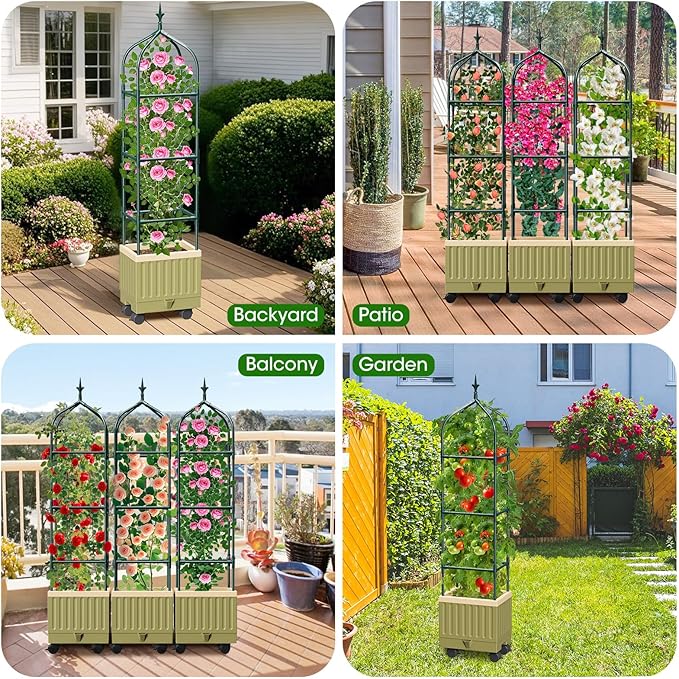 Raised Garden Bed Planter Box with Trellis, 71" Self-Watering Tomato Planter with Wheels for Climbing Vegetable and Plants, Tomato Cage Planters for Indoor Outdoor Patio Greenhouse Gardening (A)