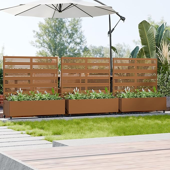 Casaphoria Metal Raised Garden Bed with Trellis and Wheels, 47"x47"x16" Planter Box for Climbing Plants, Vegetables & Vines, Features Drainage Holes and Privacy Screen, Brown-Harold