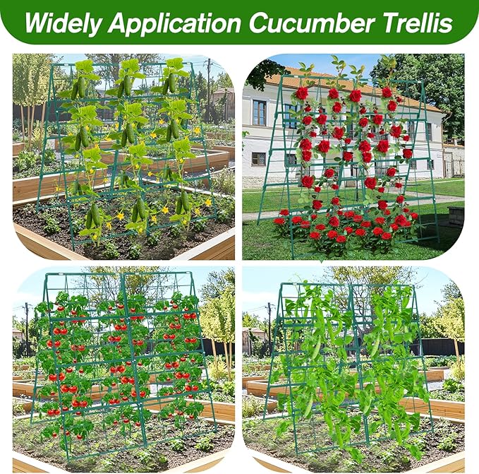 Cucumber Trellis for Raised Bed A Frame Metal Garden Trellis for Climbing Plants Outdoor, 42 x 32IN Foldable Coated Steel Cucumbers Trellis, Easy to Install Cucumber Trellis for Vegetable Fruit Flower