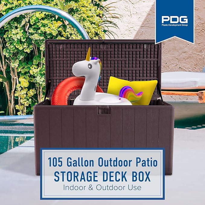 Plastic Development Group Outdoor Storage Deck Box, Standard Closure, 105 Gallon, Java