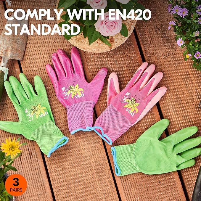 Vgo... 3Pairs Ladies' Nitrile Coating Gardening and Work Gloves (Size L, Green & Pink & Purple, NT2110)