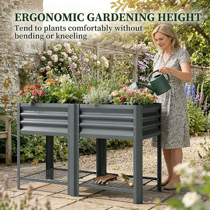 Outsunny Galvanized Steel Raised Garden Bed with Storage Shelf and Bed Liner, Elevated Planter Box with Legs for Flowers, Vegetables, and Herbs, for Outdoor Patio Yard, Glove Included, Dark Gray