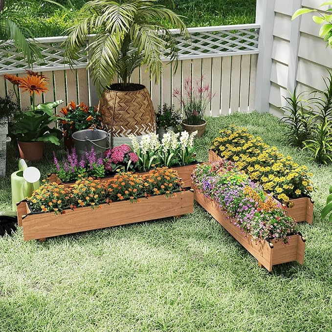 HAPPYGRILL Raised Garden Bed, Wood Flower Planter Box w/4 Drainage Holes, Black Liner for Containing Soil, Indoor Outdoor Wooden Plant Container for Backyard, Patio, Balcony (2,36" x 7" x 6.5")