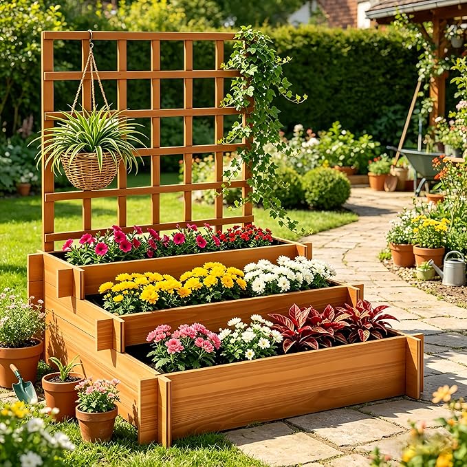 3-Tier Raised Garden Bed with Trellis, 43.3" H Fir Wood Planter Box with Non-Woven Liner, Vertical Climbing Plant Support for Patio Yard, Outdoor Grow Beds for Flowers Herbs Vegetables Fruits