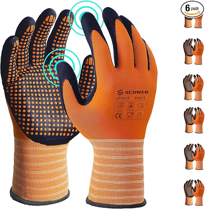 Schwer 6 Pairs Safety Work Gloves MicroFoam Nitrile Coated, Level 4 Abrasion & A1 Cut Resistant Nylon Working Gloves with MicroDot Grip, Touchscreen, Used for General Work, Gardening, LT5619, L