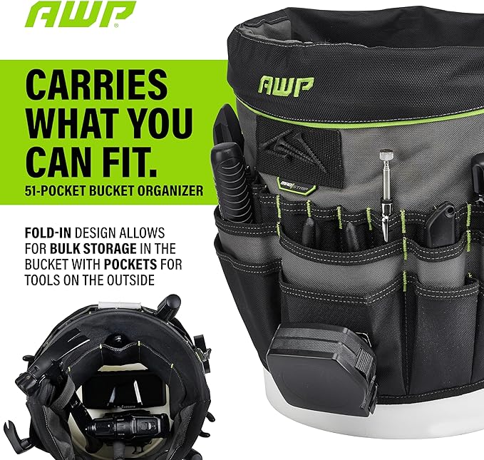 AWP Bucket Tool Organizer 51-Pocket for 5-Gallon Buckets, Water-Resistant Heavy-Duty Utility Tool Bag with Pockets for Tools, Screwdrivers, and Electrical Accessories, 1L-22051-1