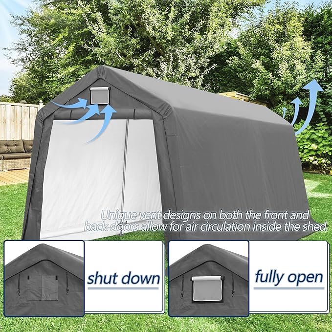 COVERONICS 7' x 12' Outdoor Storage Shed - Heavy Duty Portable Shelter Carport with Ventilation Windows and Roll-up Doors, Storage Shelter Tent for Motorcycle, Bike, Lawnmower and Garden Tools, Grey